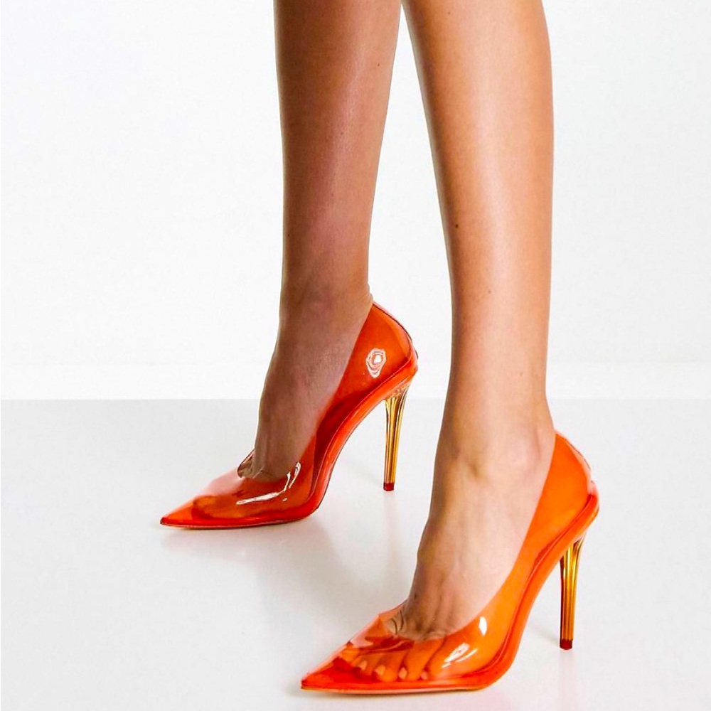 NEW Public Desire × Kenza heeled pumps in clear orange